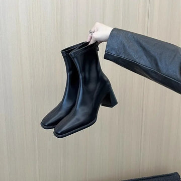 Xajzpa New Style Fashion Women's Autumn Cow Leather Retro Square Toe Zipper High Heels Ankle Boots Square Heel All Match Women Shoes